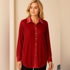 Soft Surroundings Red Velvet Button Down Shirt EUC Cozy Luxe Women’s XS